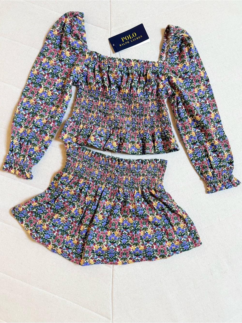 Polo Ralph Lauren Girls' Floral Print Smocked Two-Piece Shirt Skirt set